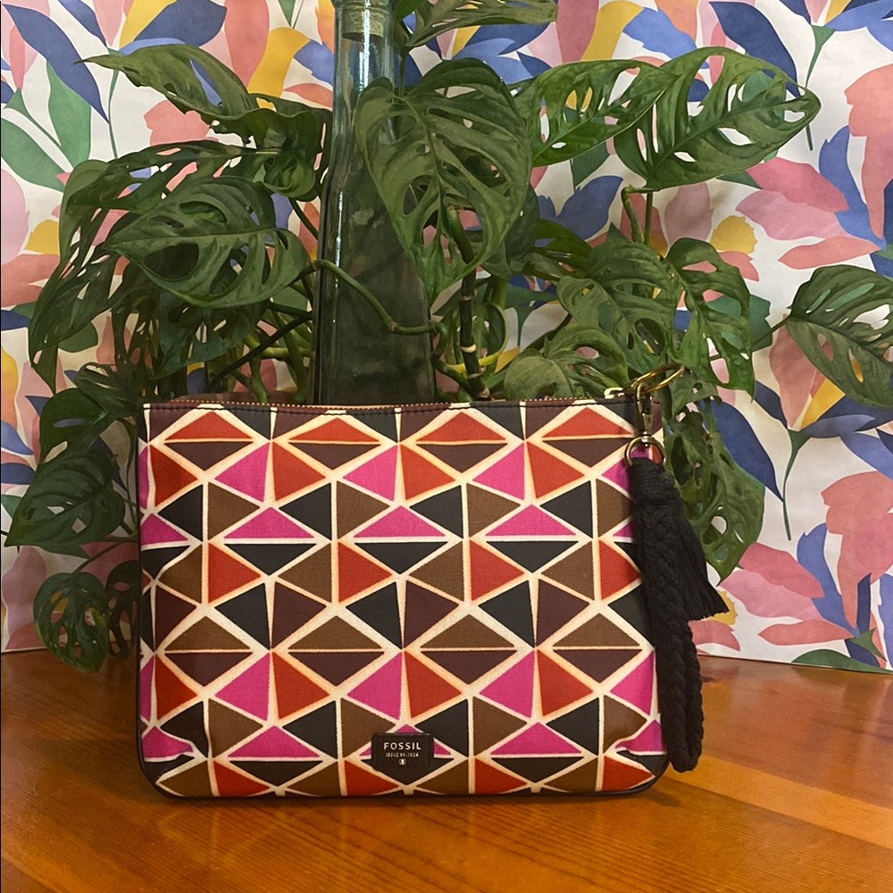 Fossil Pink and Brown Geometric Clutch
